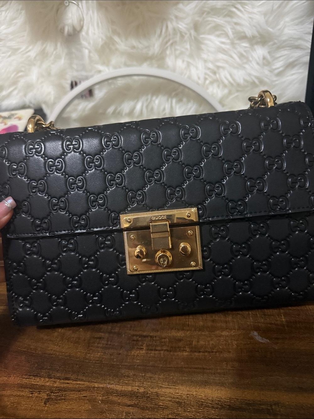 Black Embossed GG Leather Shoulder Bag with Gold Lock